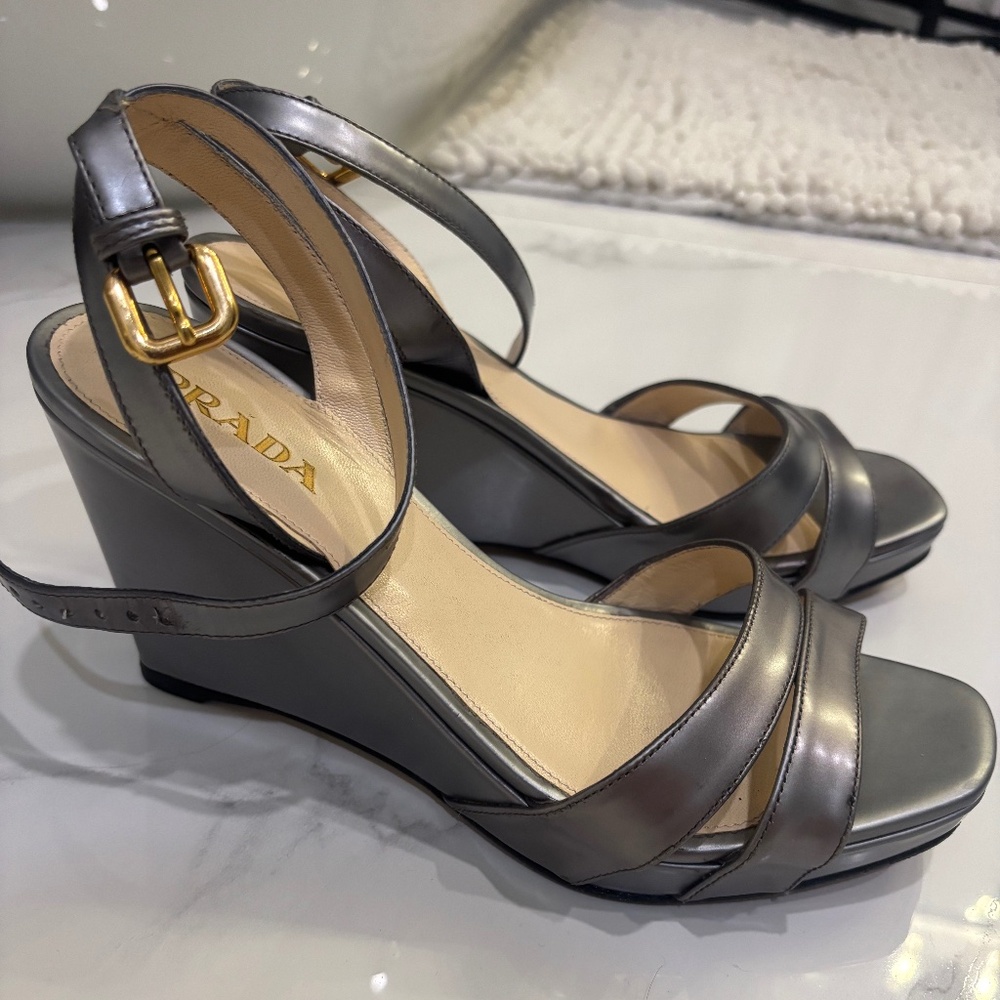 Prada Metallic Gray Wedge Sandals